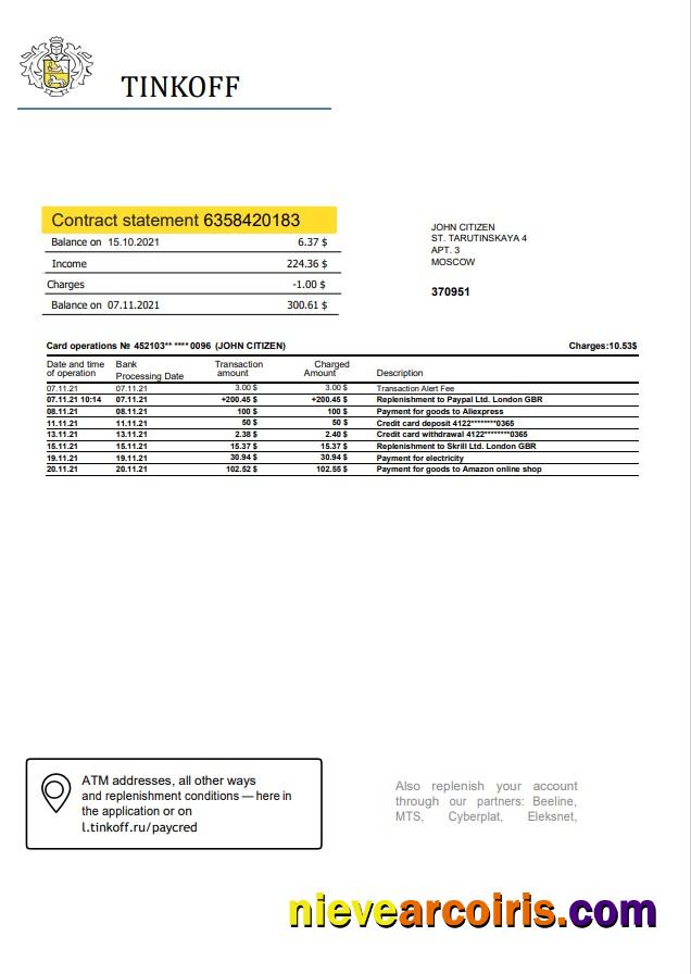 Russia Tinkoff bank proof of address statement (English version) in Word and PDF format